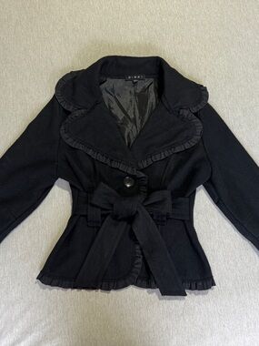 DIMRI Black Ruffle Trim Belted Blazer Jacket Women’s XL One Button Lined Jacket